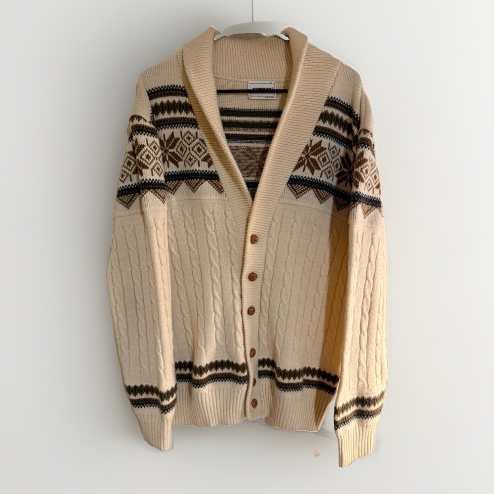 Vtg 70s Campus Mens XL Shawl Collar Cardigan Sweater Wintuck Acrylic Fair Isle